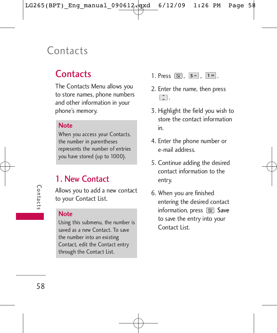 Contacts, New contact | LG LG265 User Manual | Page 58 / 128