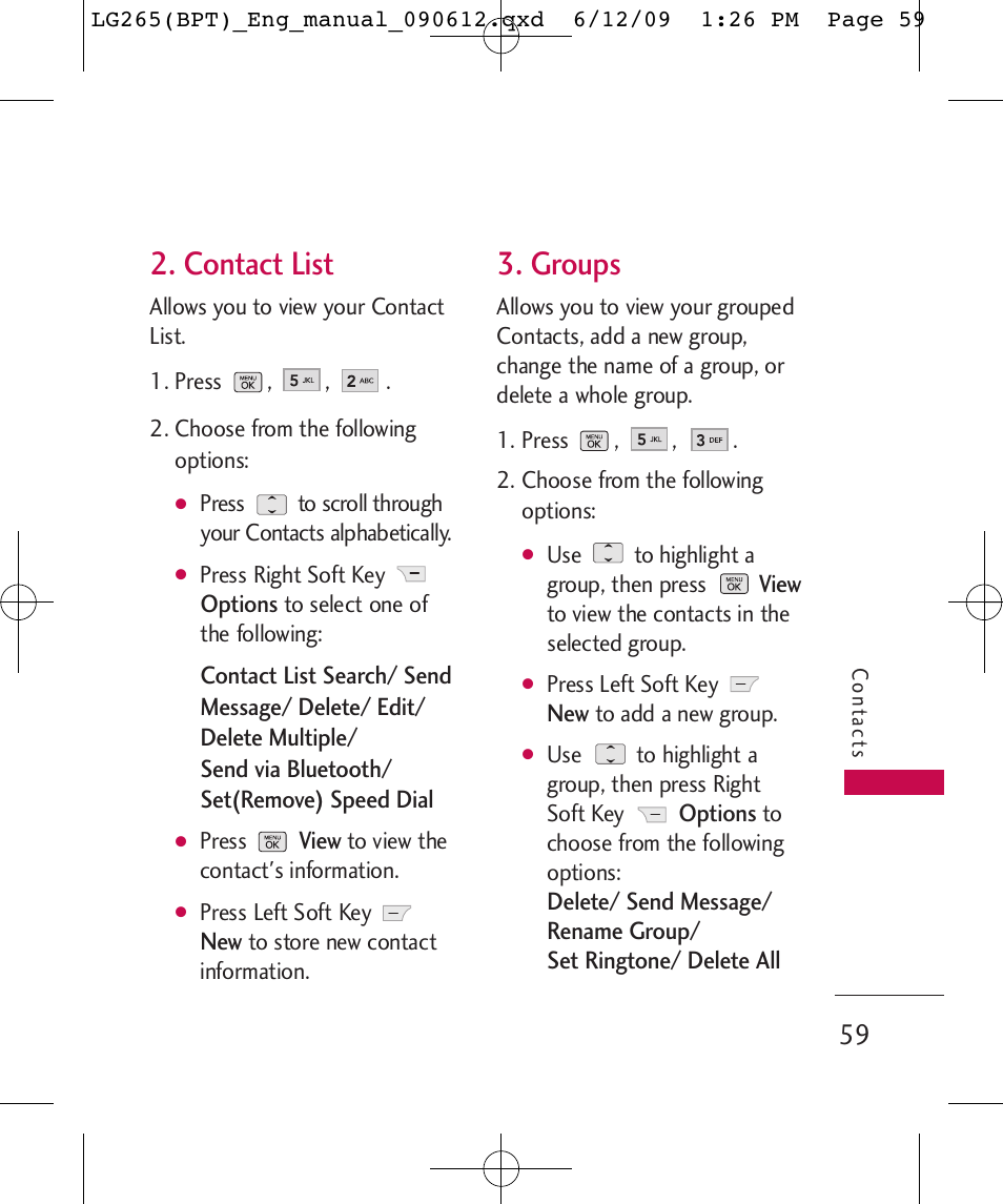 Contact list, Groups | LG LG265 User Manual | Page 59 / 128