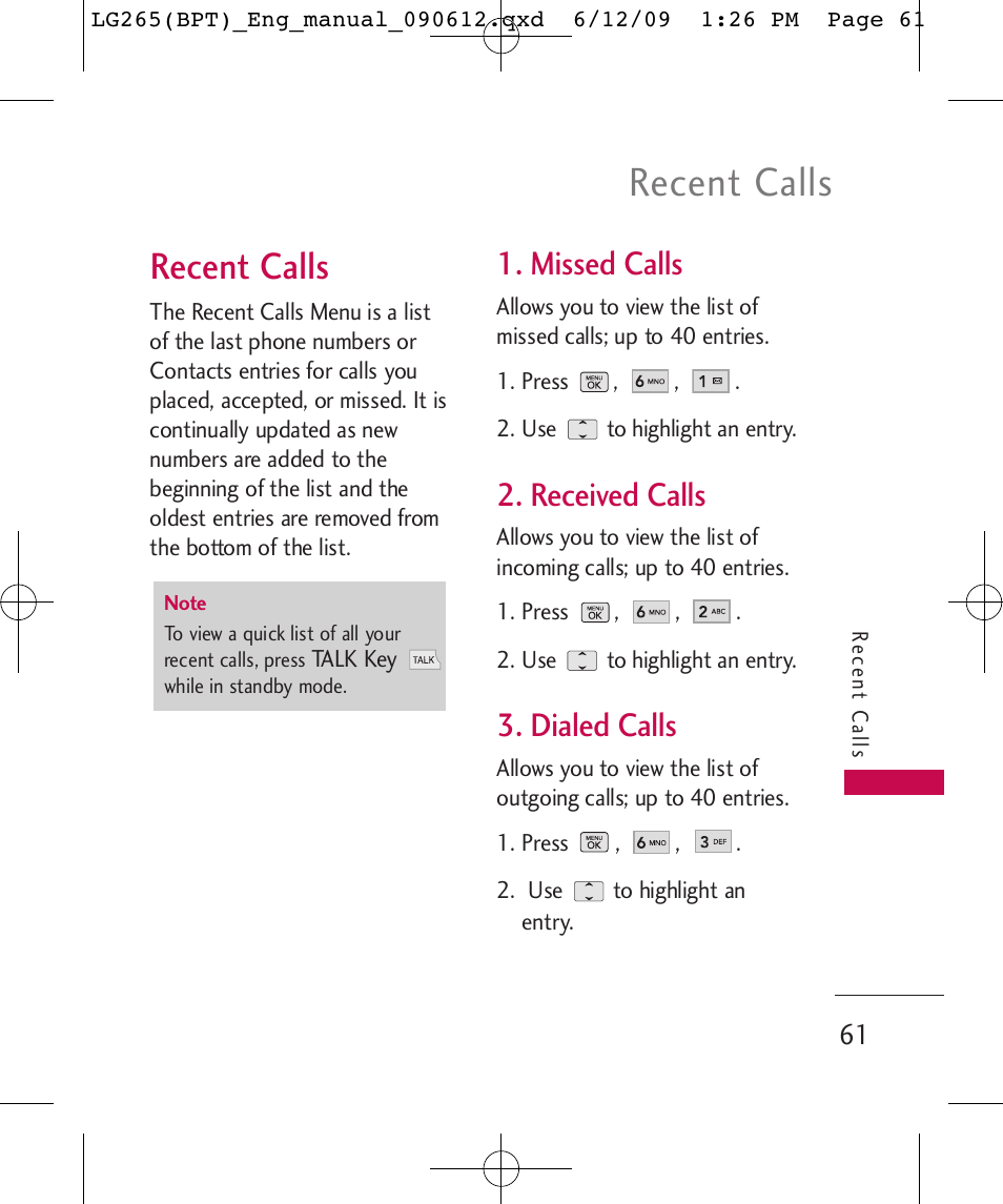 Recent calls, Missed calls, Received calls | Dialed calls | LG LG265 User Manual | Page 61 / 128