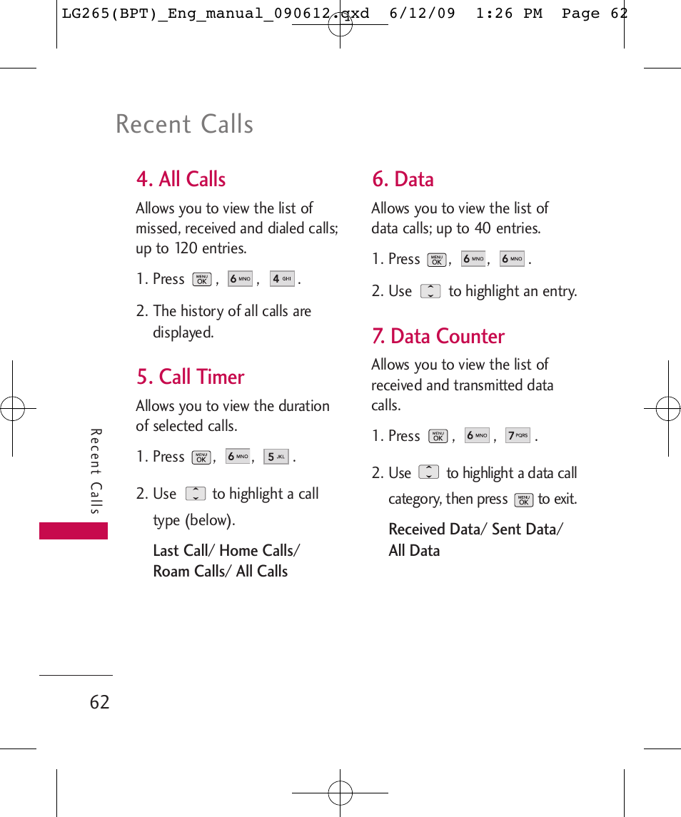 Recent calls, All calls, Call timer | Data, Data counter | LG LG265 User Manual | Page 62 / 128