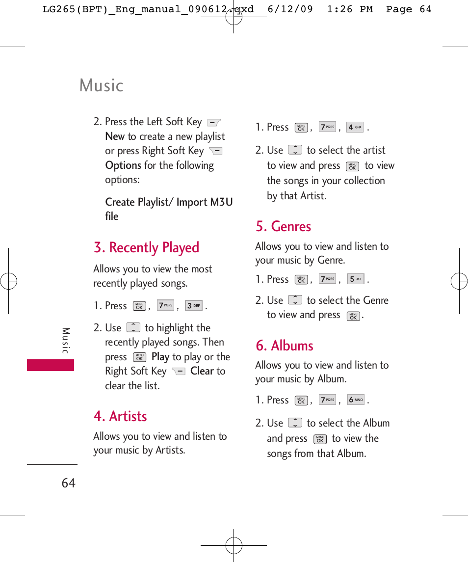 Music, Recently played, Artists | Genres, Albums | LG LG265 User Manual | Page 64 / 128