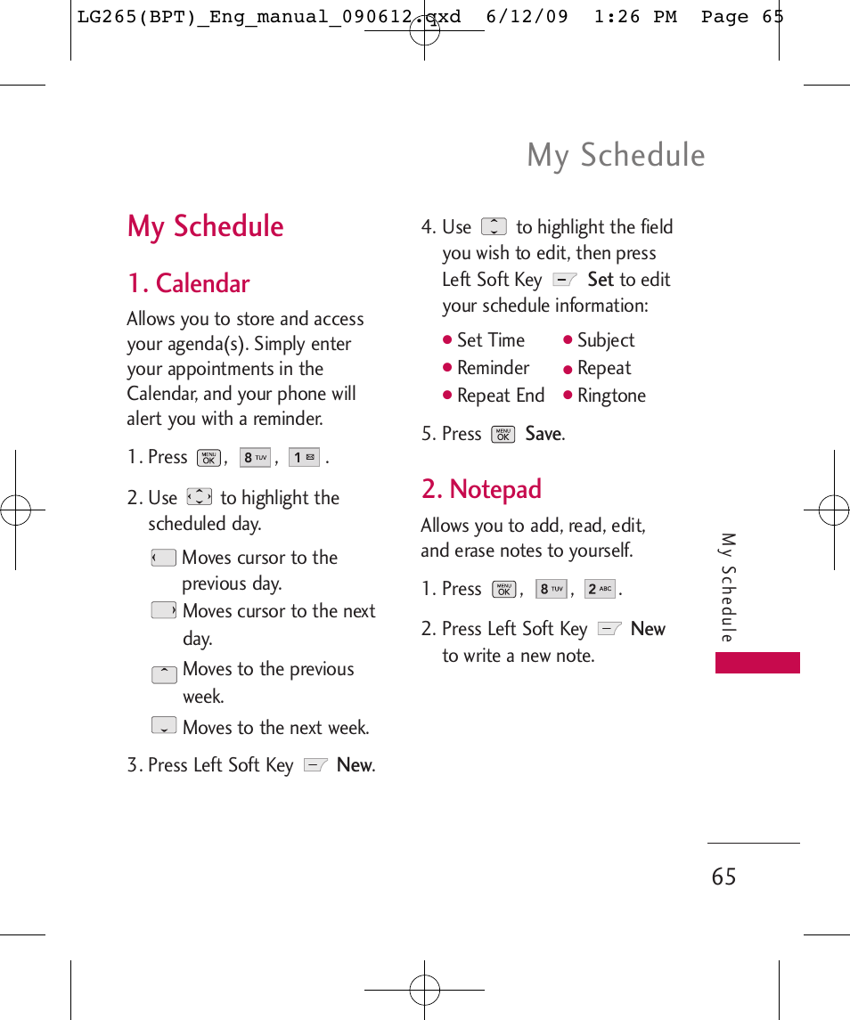 My schedule, Calendar | LG LG265 User Manual | Page 65 / 128