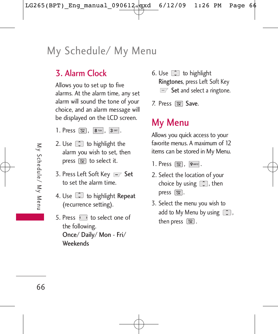 My schedule/ my menu, My menu, Alarm clock | LG LG265 User Manual | Page 66 / 128