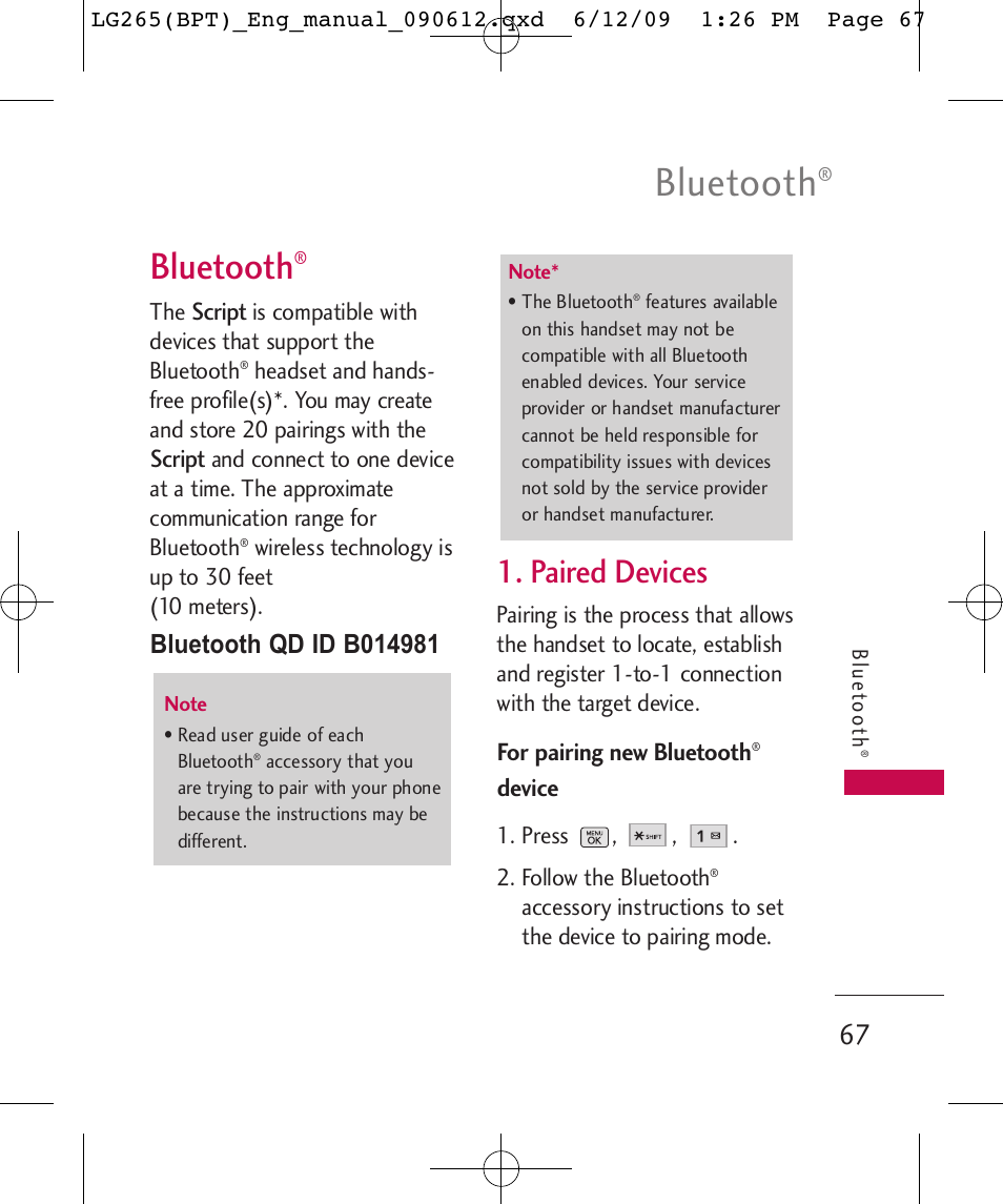 Bluetooth, Paired devices | LG LG265 User Manual | Page 67 / 128