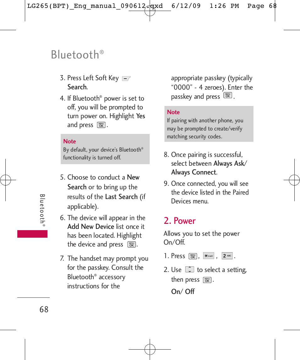 Bluetooth, Power | LG LG265 User Manual | Page 68 / 128