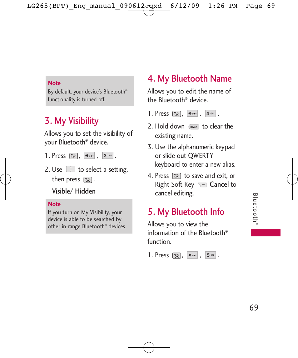 My visibility, My bluetooth name, My bluetooth info | LG LG265 User Manual | Page 69 / 128