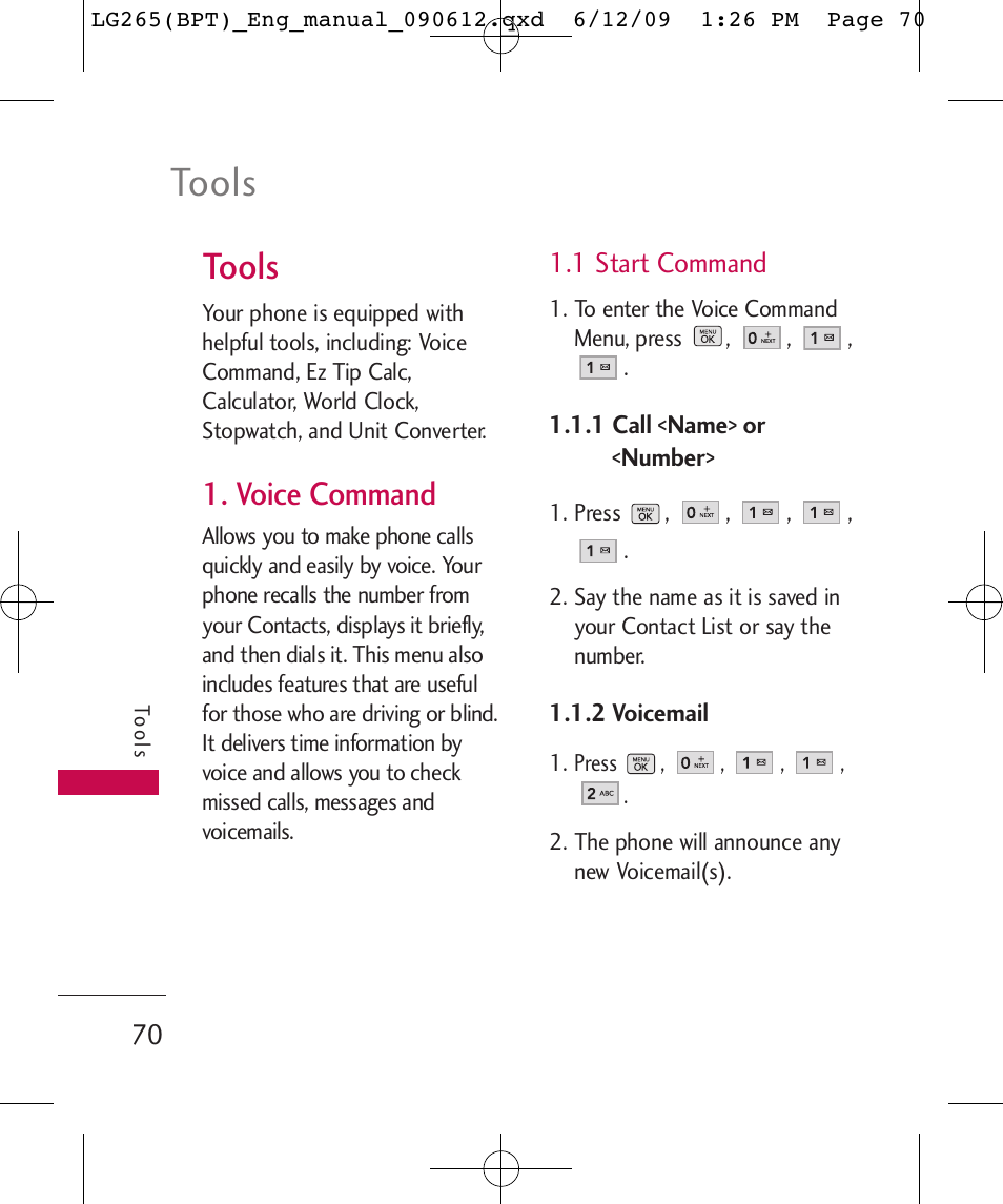 Tools, Voice command | LG LG265 User Manual | Page 70 / 128