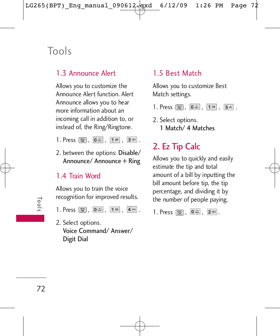 Tools, Ez tip calc | LG LG265 User Manual | Page 72 / 128