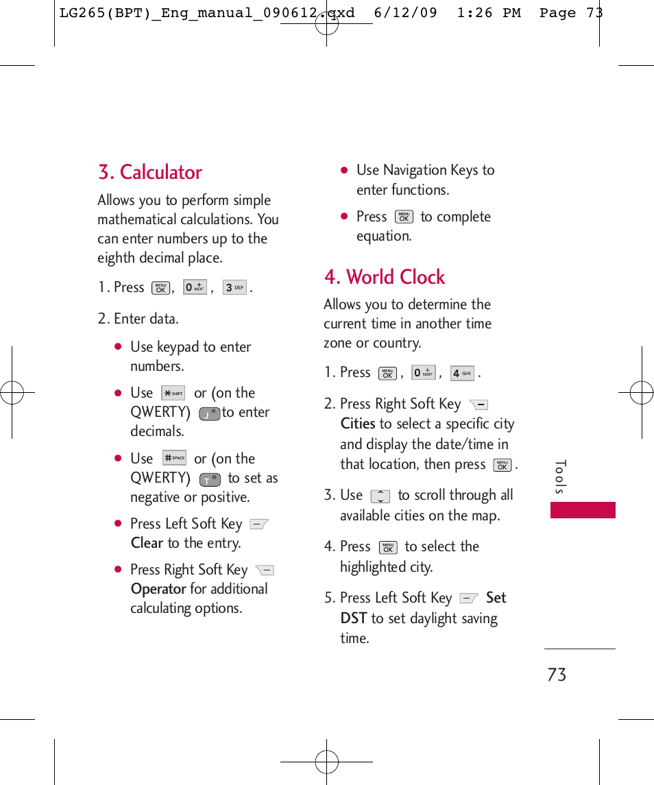 Calculator, World clock | LG LG265 User Manual | Page 73 / 128