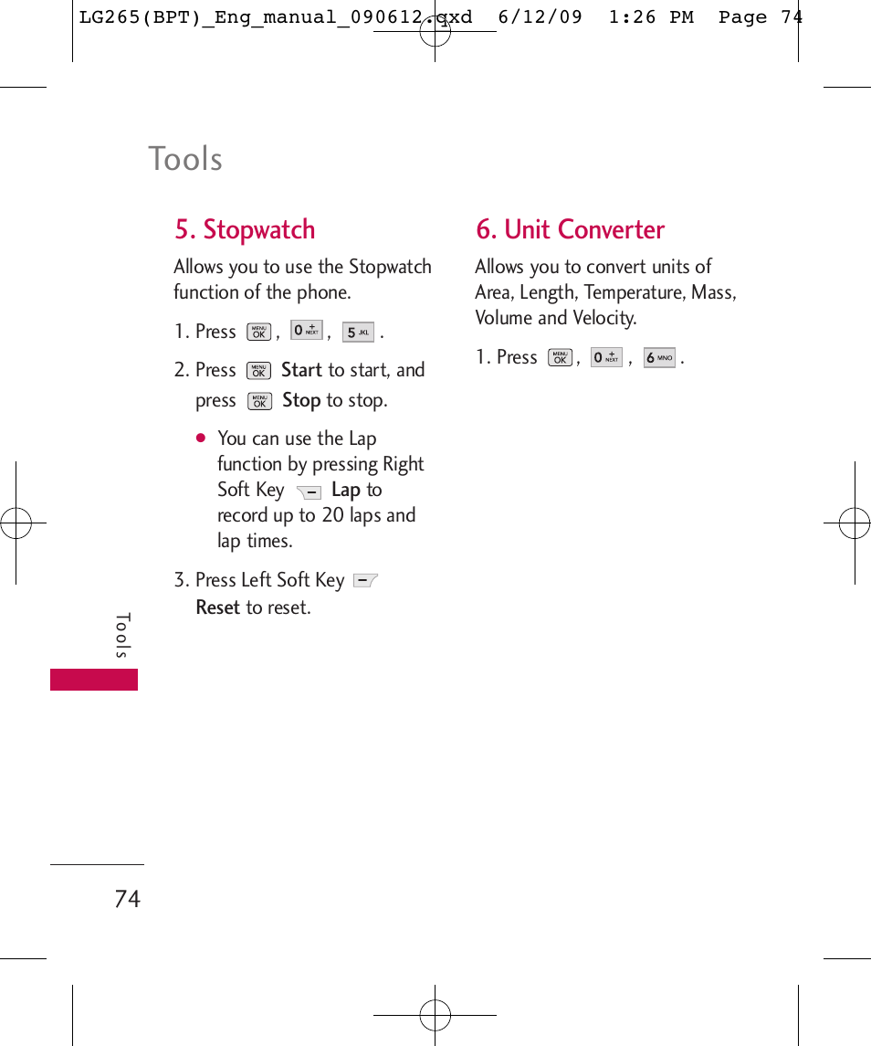 Tools, Stopwatch, Unit converter | LG LG265 User Manual | Page 74 / 128