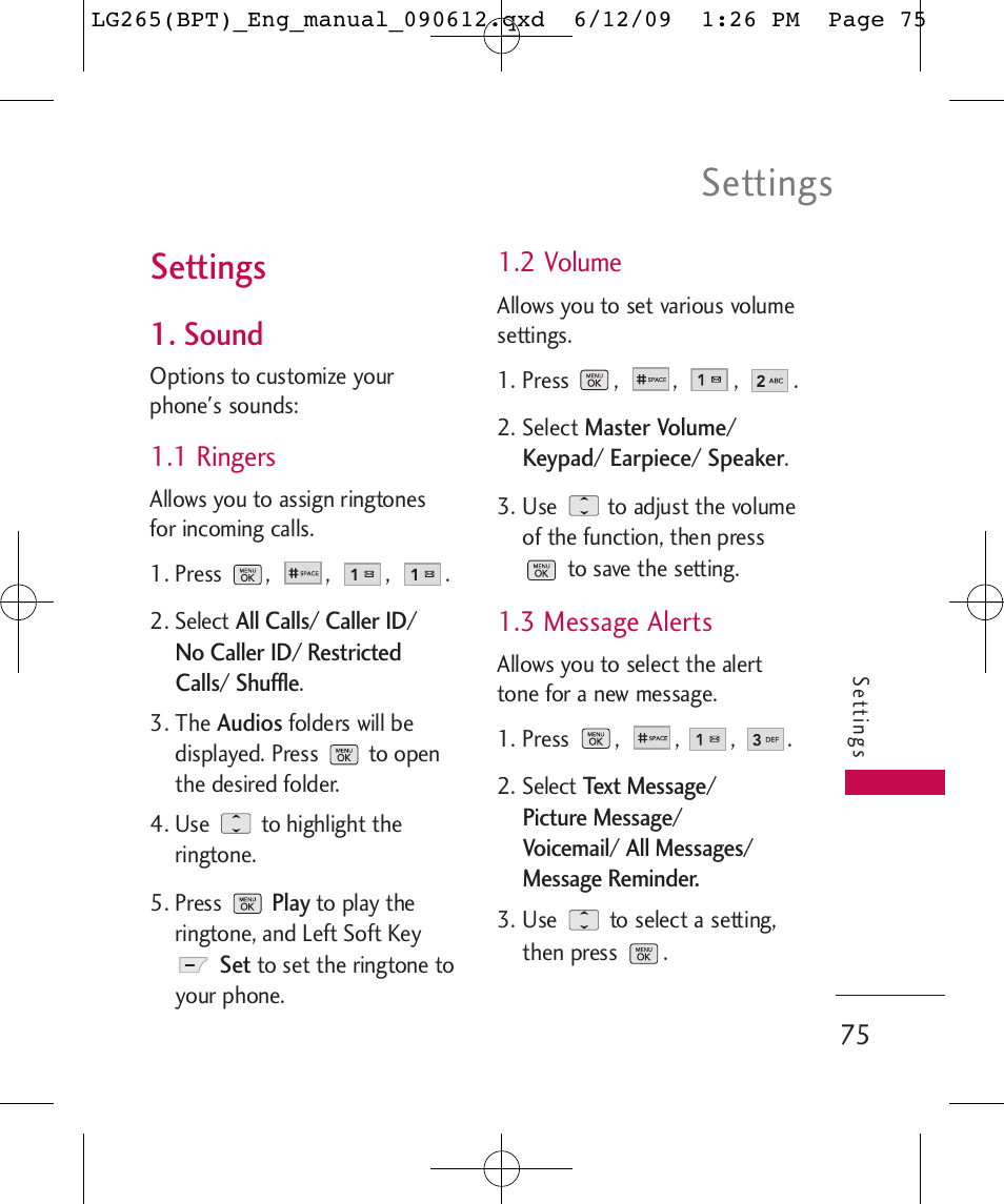 Settings, Sound, 1 ringers | 2 volume, 3 message alerts | LG LG265 User Manual | Page 75 / 128