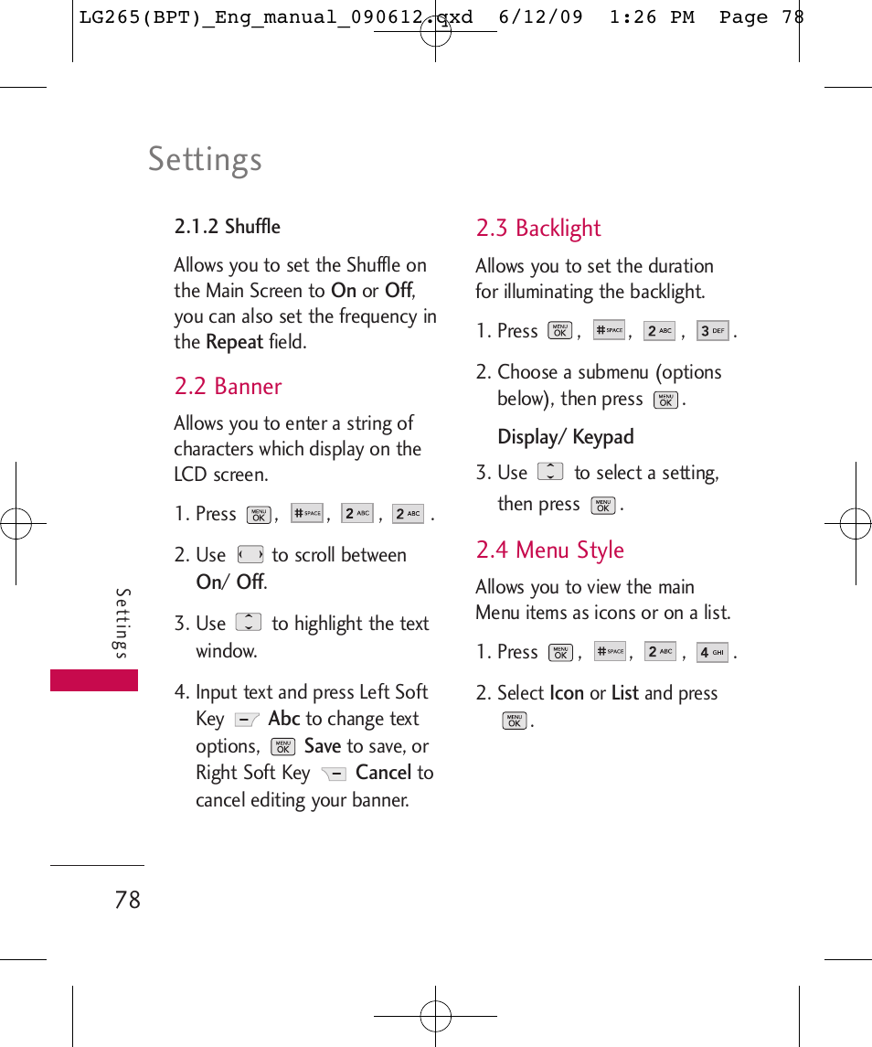 Settings, 2 banner, 3 backlight | 4 menu style | LG LG265 User Manual | Page 78 / 128