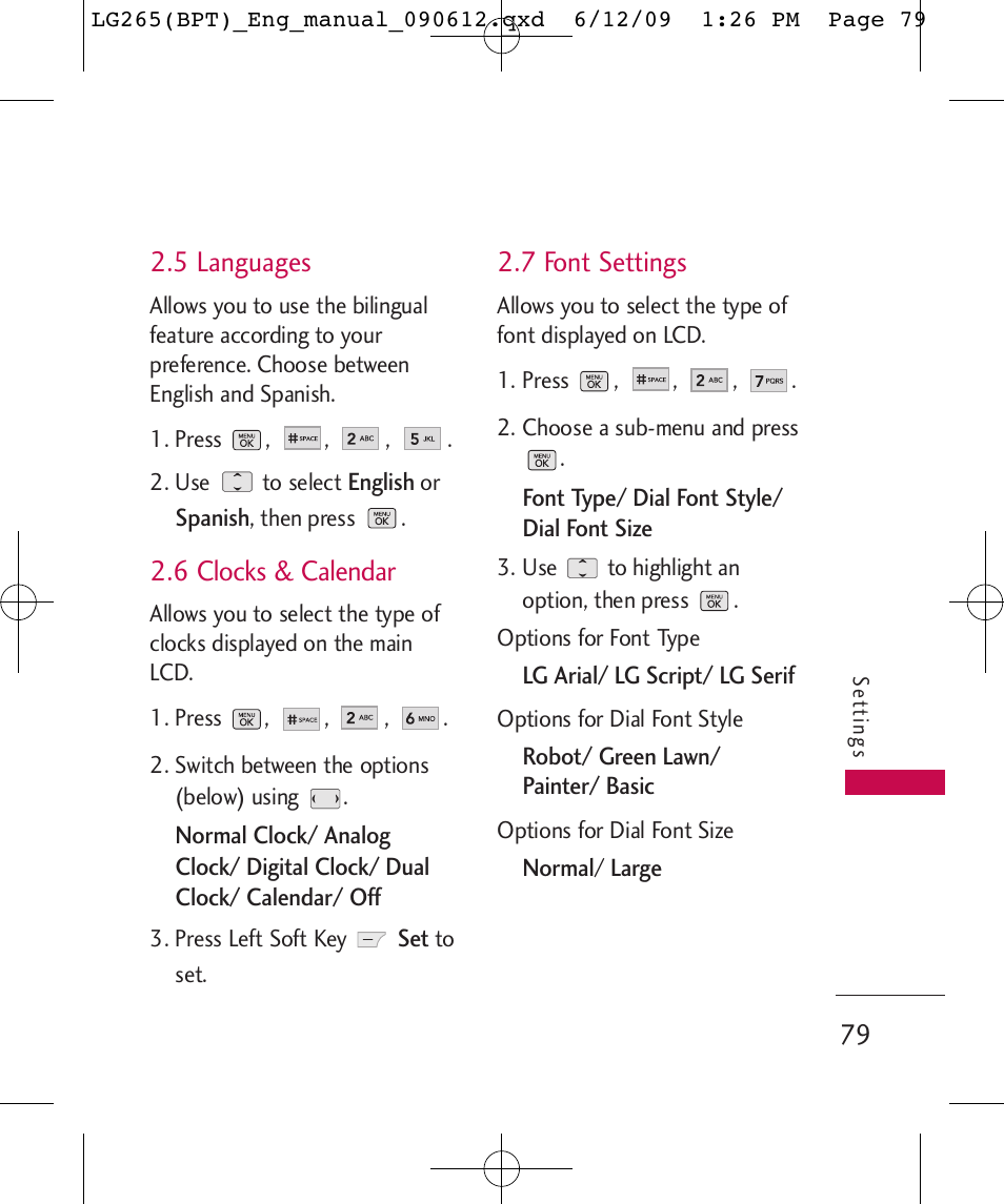 5 languages, 6 clocks & calendar, 7 font settings | LG LG265 User Manual | Page 79 / 128