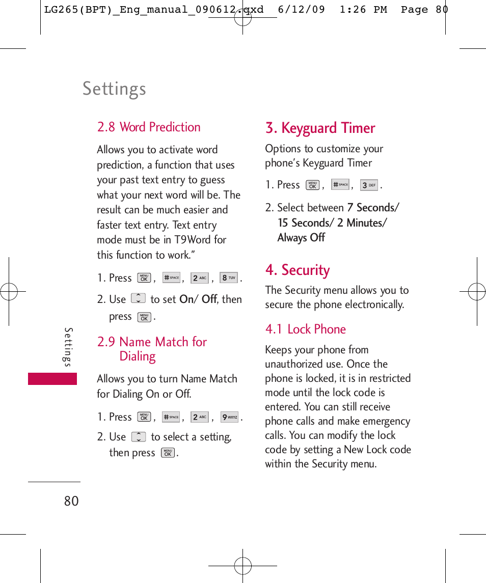 Settings, Keyguard timer, Security | LG LG265 User Manual | Page 80 / 128