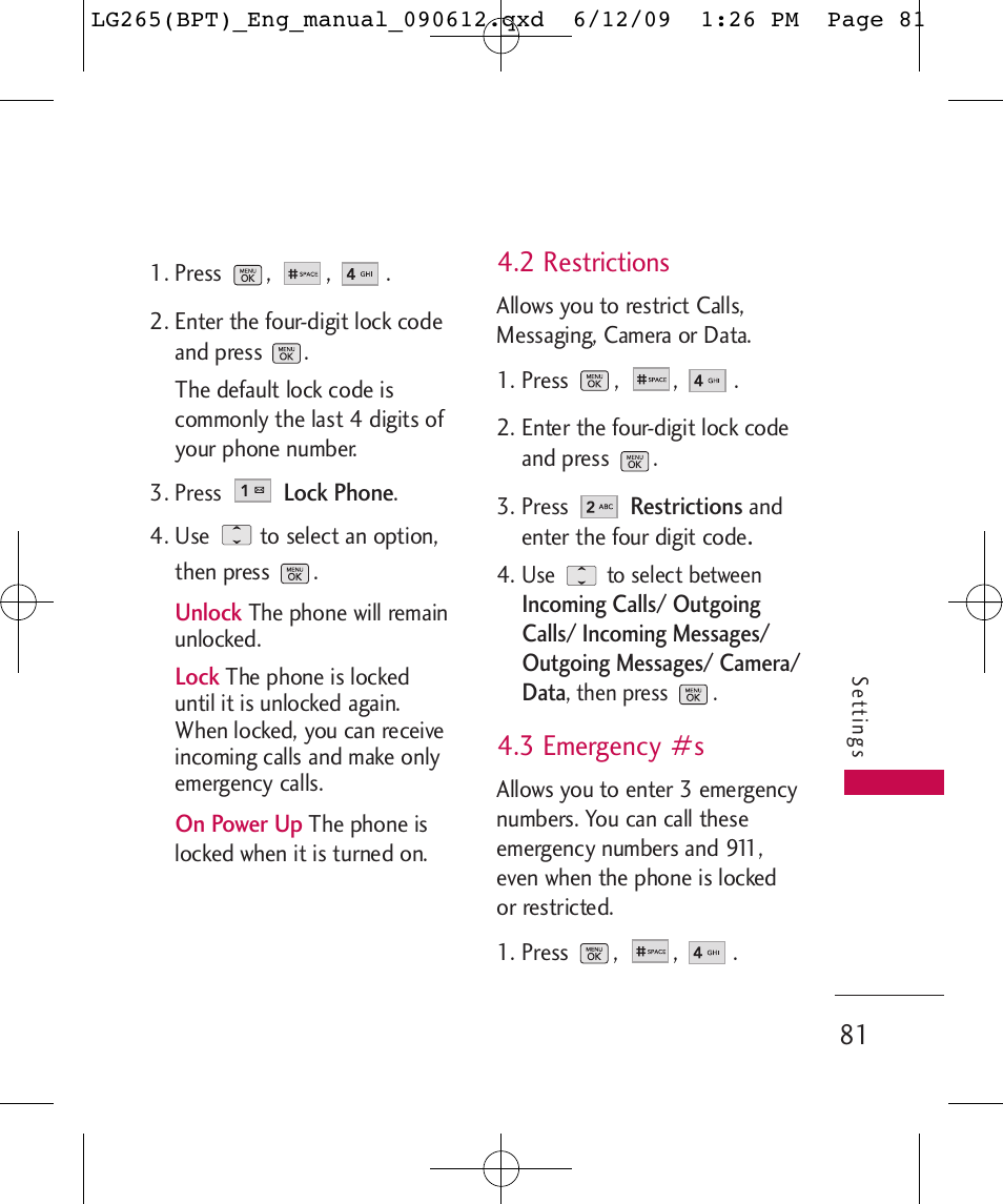 2 restrictions, 3 emergency #s | LG LG265 User Manual | Page 81 / 128