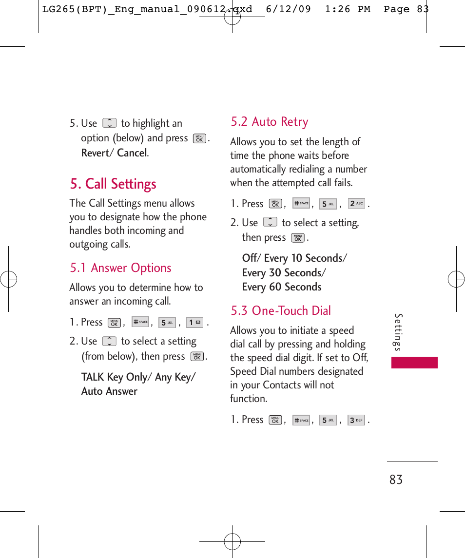 Call settings, 1 answer options, 2 auto retry | 3 one-touch dial | LG LG265 User Manual | Page 83 / 128