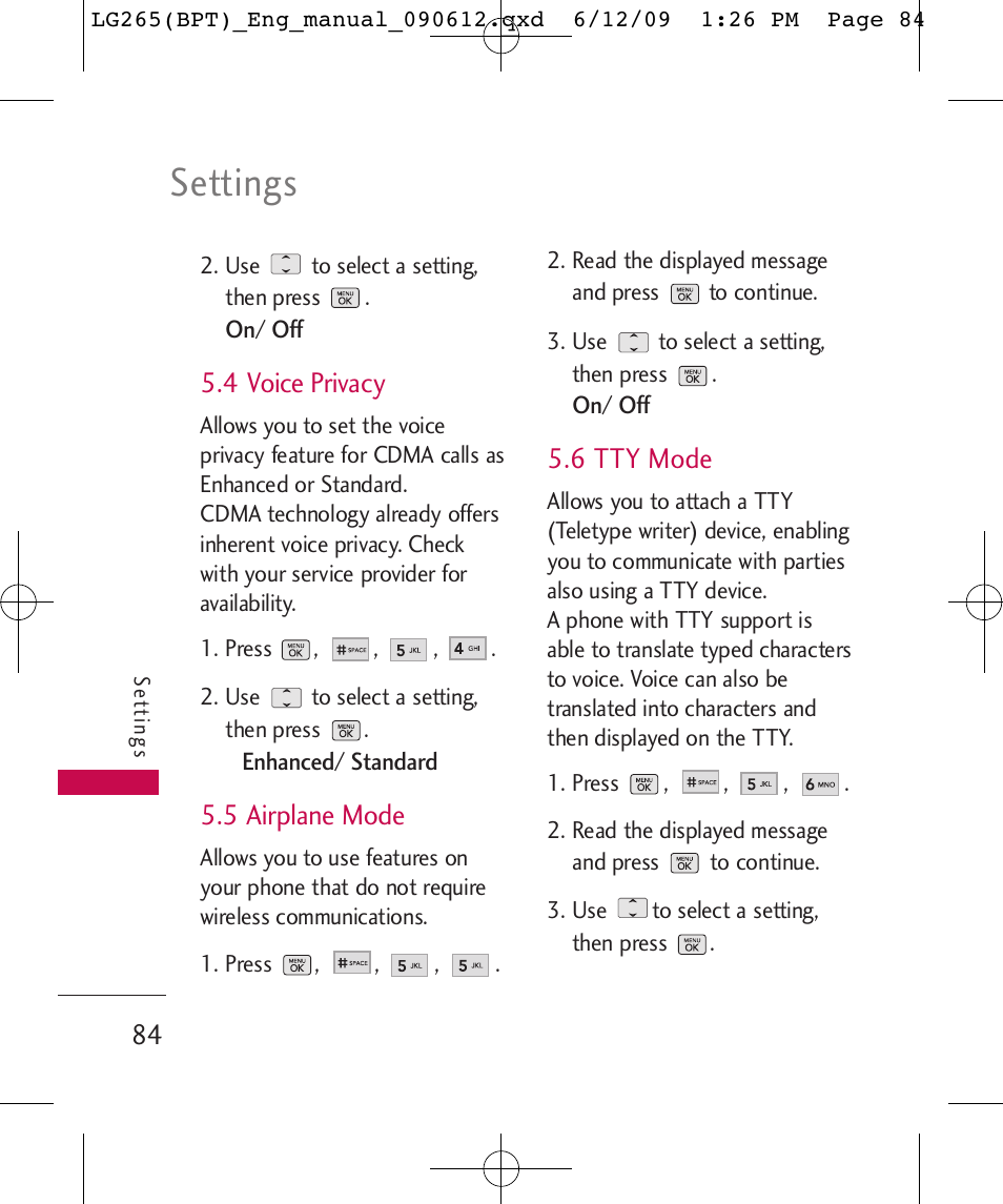 Settings, 4 voice privacy, 5 airplane mode | 6 tty mode | LG LG265 User Manual | Page 84 / 128