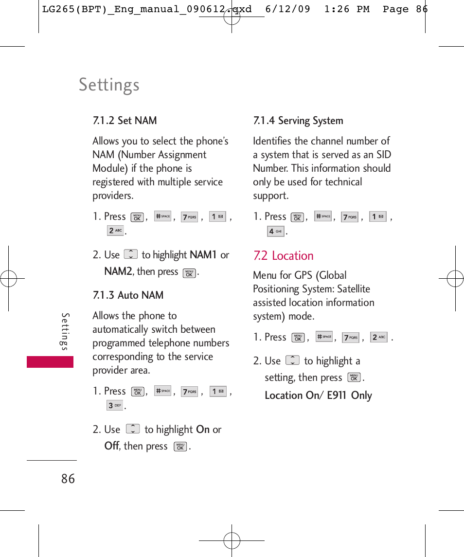 Settings, 2 location | LG LG265 User Manual | Page 86 / 128