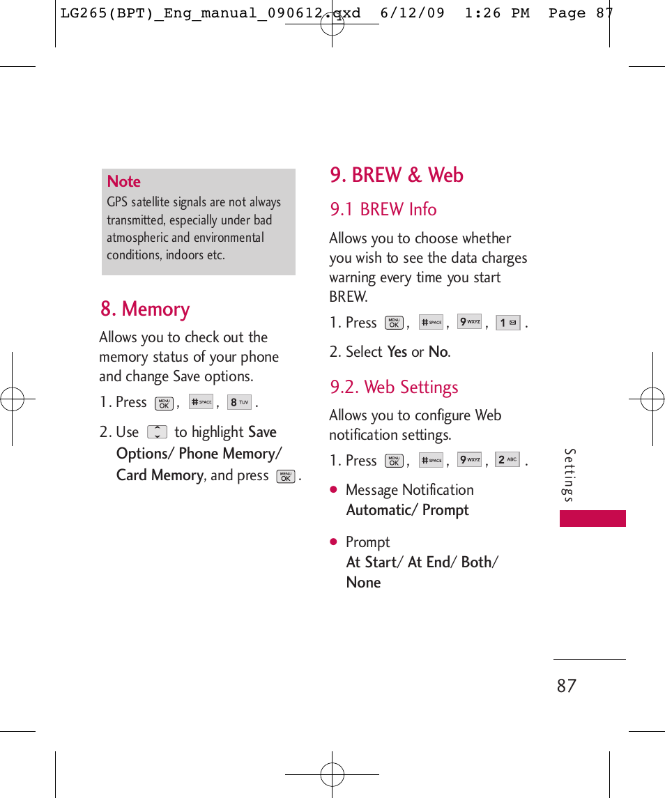 Brew & web, 1 brew info, Web settings | LG LG265 User Manual | Page 87 / 128