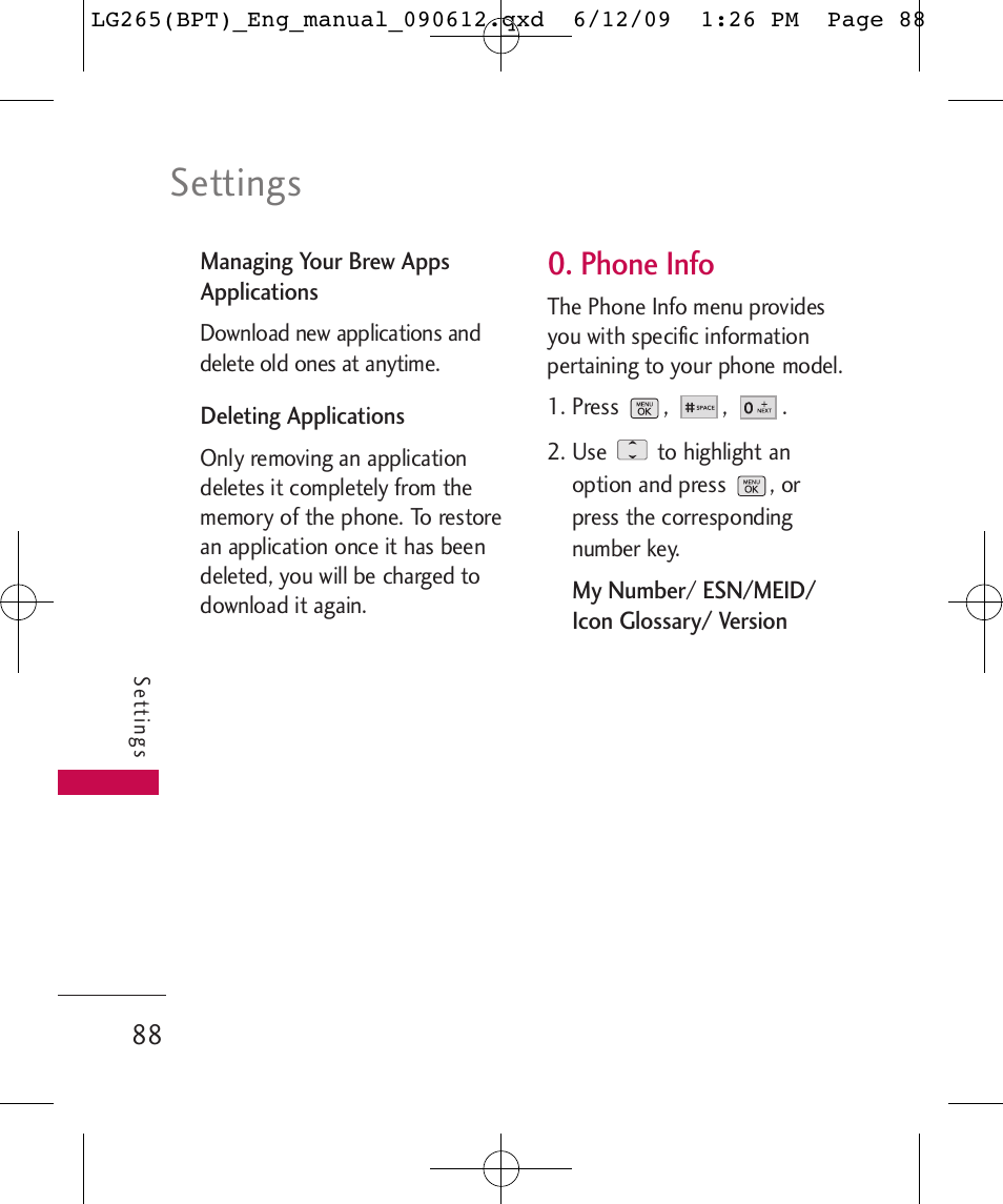 Settings, Phone info | LG LG265 User Manual | Page 88 / 128