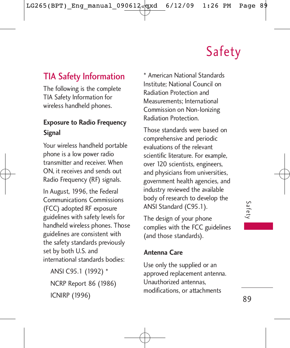 Safety, Tia safety information | LG LG265 User Manual | Page 89 / 128