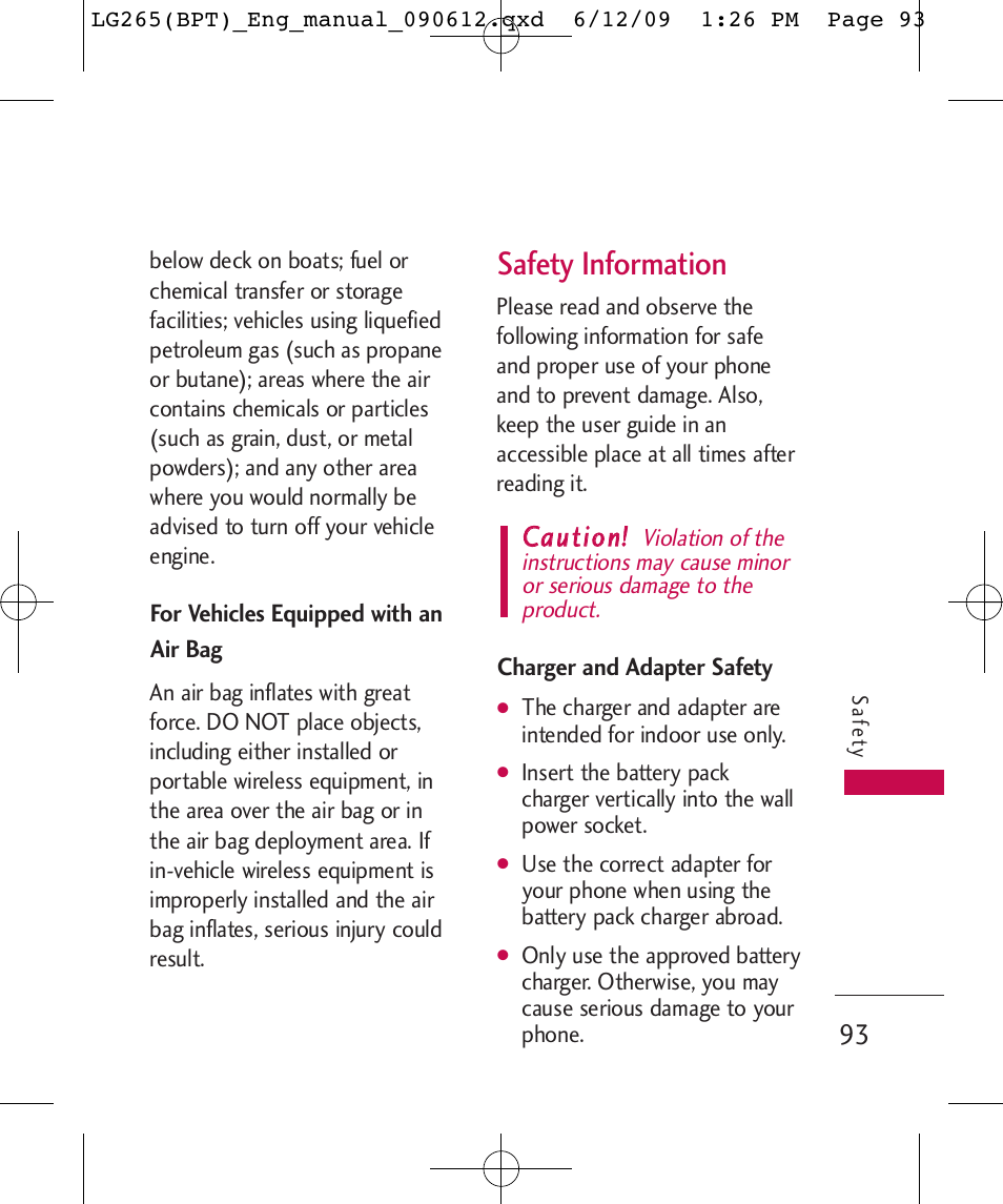 Safety information, Ccaauuttiioonn | LG LG265 User Manual | Page 93 / 128