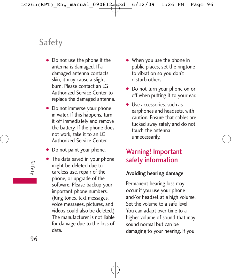 Safety, Warning! important safety information | LG LG265 User Manual | Page 96 / 128