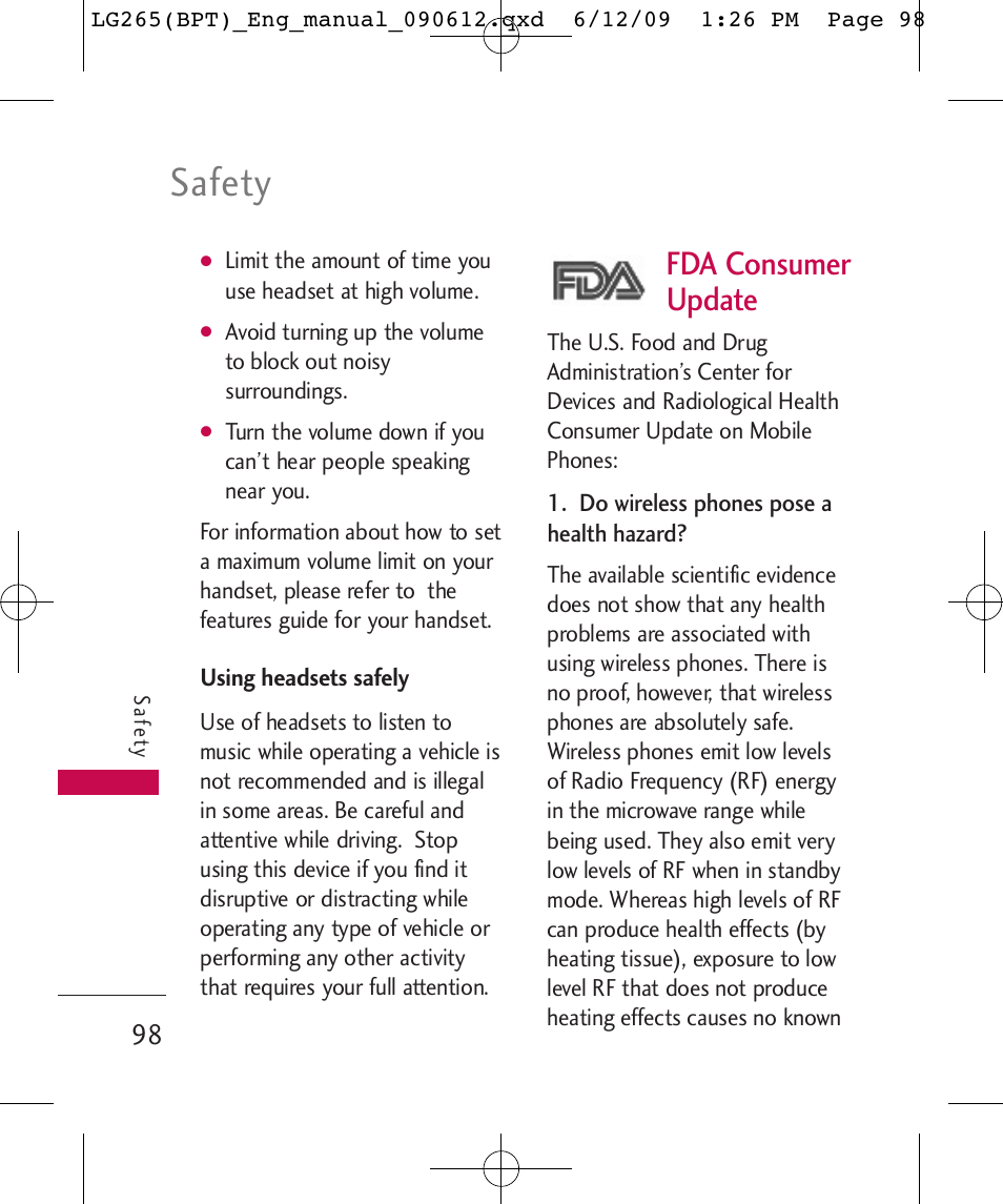 Safety, Fda consumer update | LG LG265 User Manual | Page 98 / 128