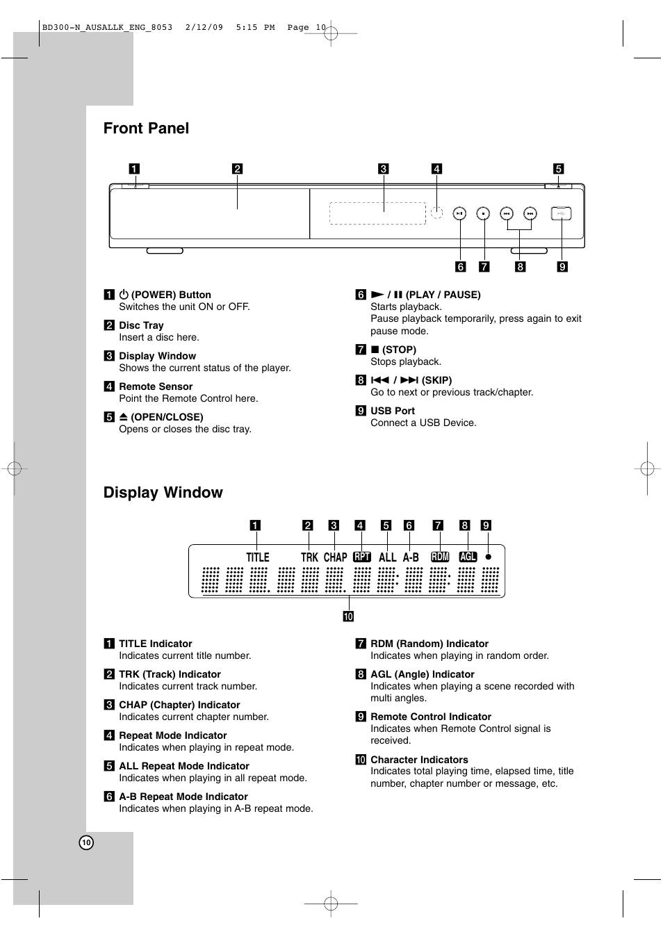 Front panel, Display window, Title chap trk a-b all | LG BD300 User Manual | Page 10 / 48