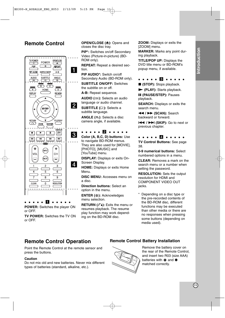 Ab c d, Remote control, Remote control operation | Introduction, Remote control battery installation | LG BD300 User Manual | Page 11 / 48