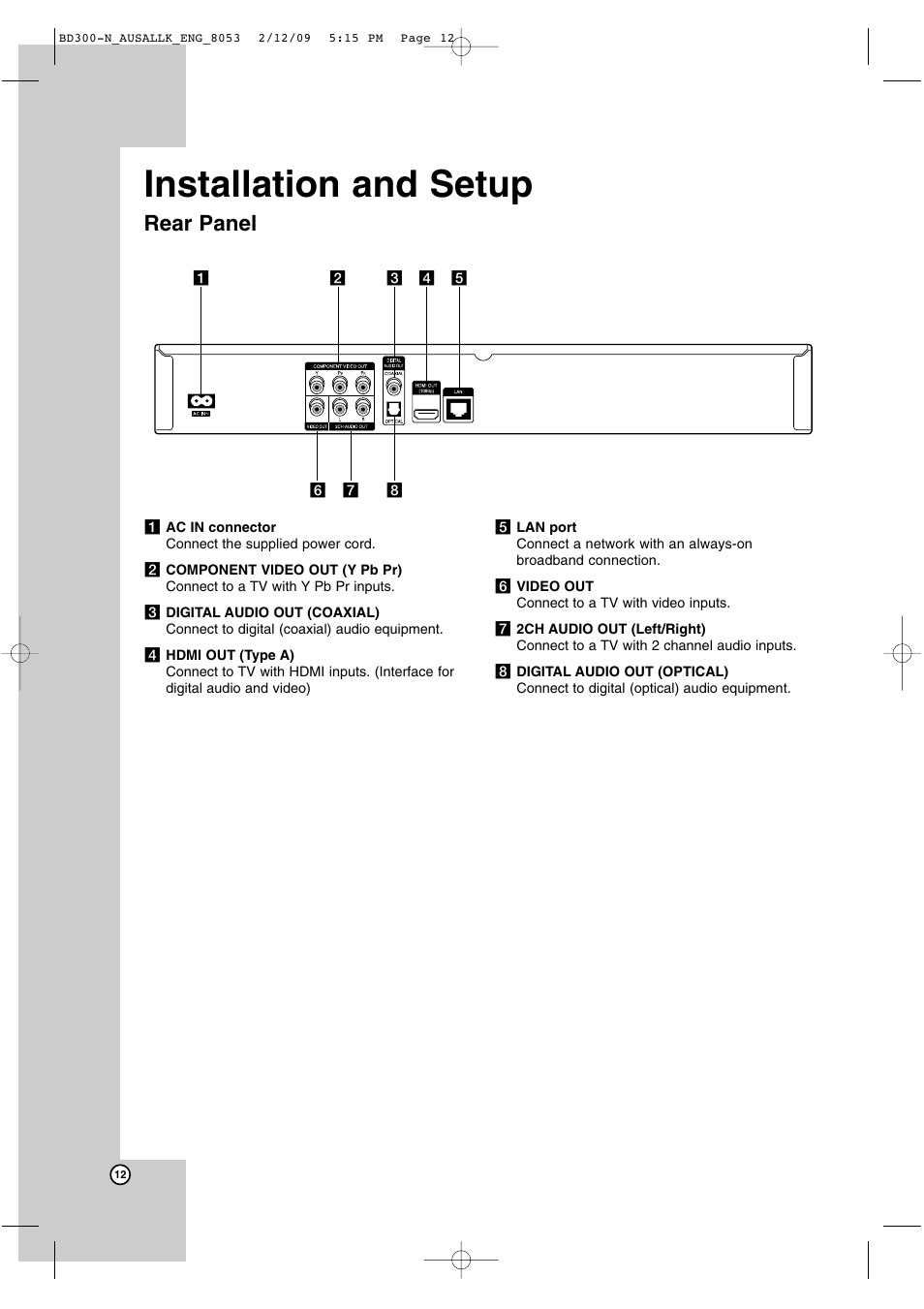 Installation and setup, Rear panel | LG BD300 User Manual | Page 12 / 48