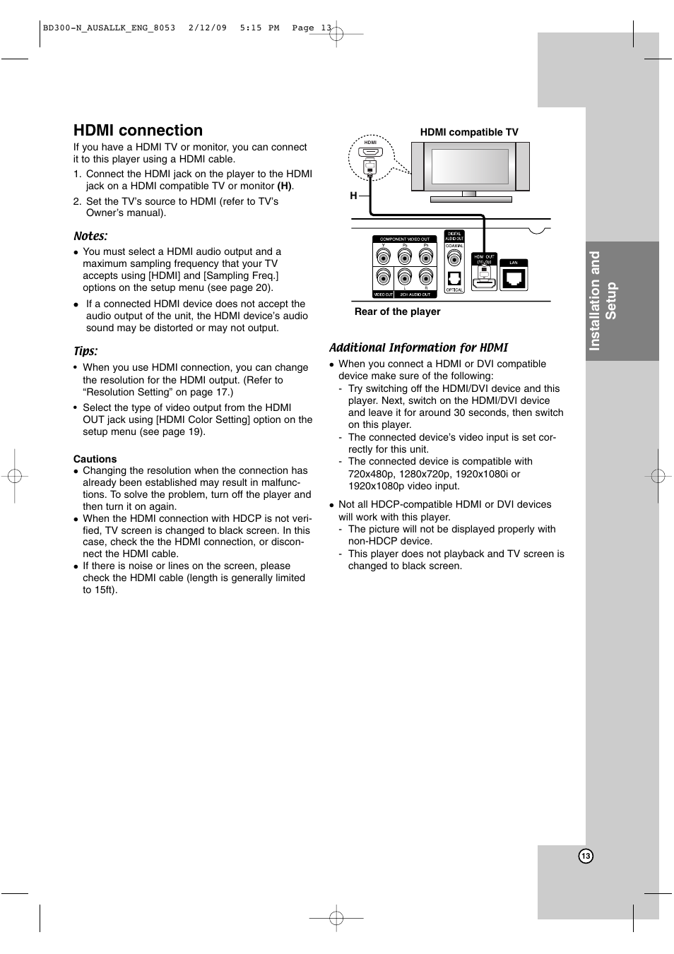 Hdmi connection, Installation and setup | LG BD300 User Manual | Page 13 / 48