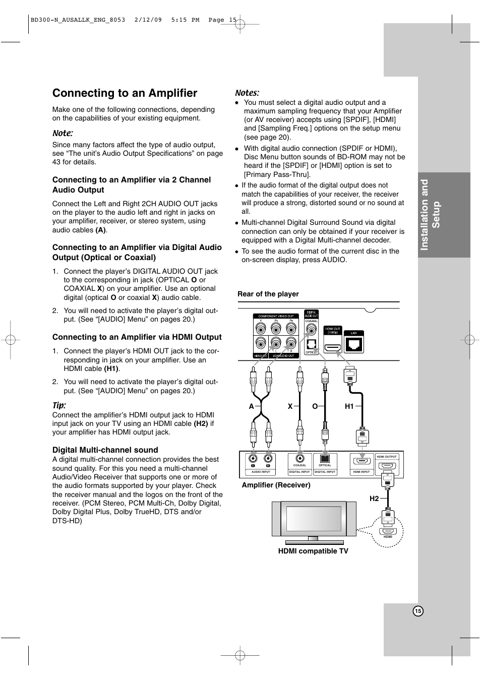 Connecting to an amplifier, Installation and setup, Connecting to an amplifier via hdmi output | Digital multi-channel sound | LG BD300 User Manual | Page 15 / 48