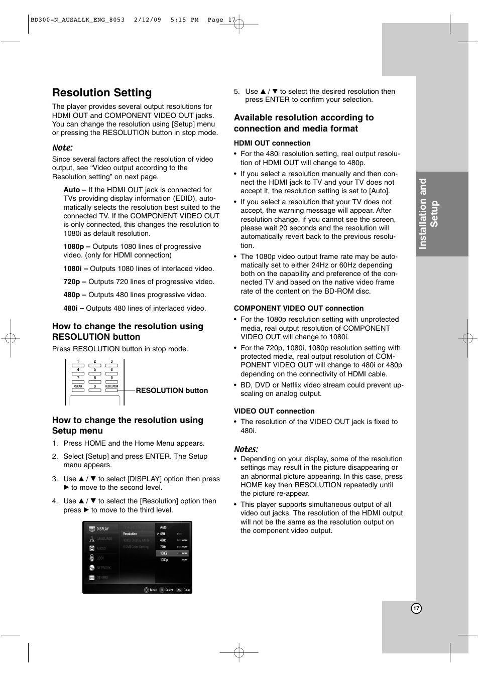Resolution setting, Installation and setup | LG BD300 User Manual | Page 17 / 48