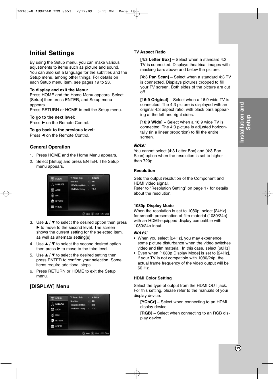 Initial settings, Installation and setup | LG BD300 User Manual | Page 19 / 48