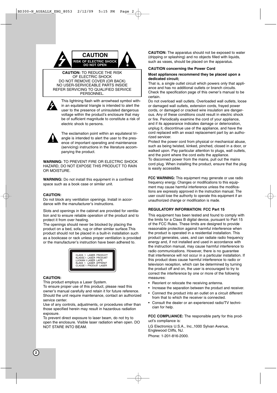 Caution | LG BD300 User Manual | Page 2 / 48