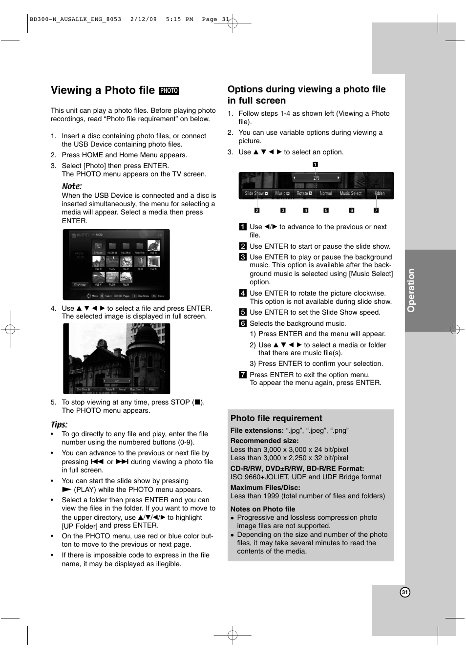 Viewing a photo file, Operation, Options during viewing a photo file in full screen | LG BD300 User Manual | Page 31 / 48