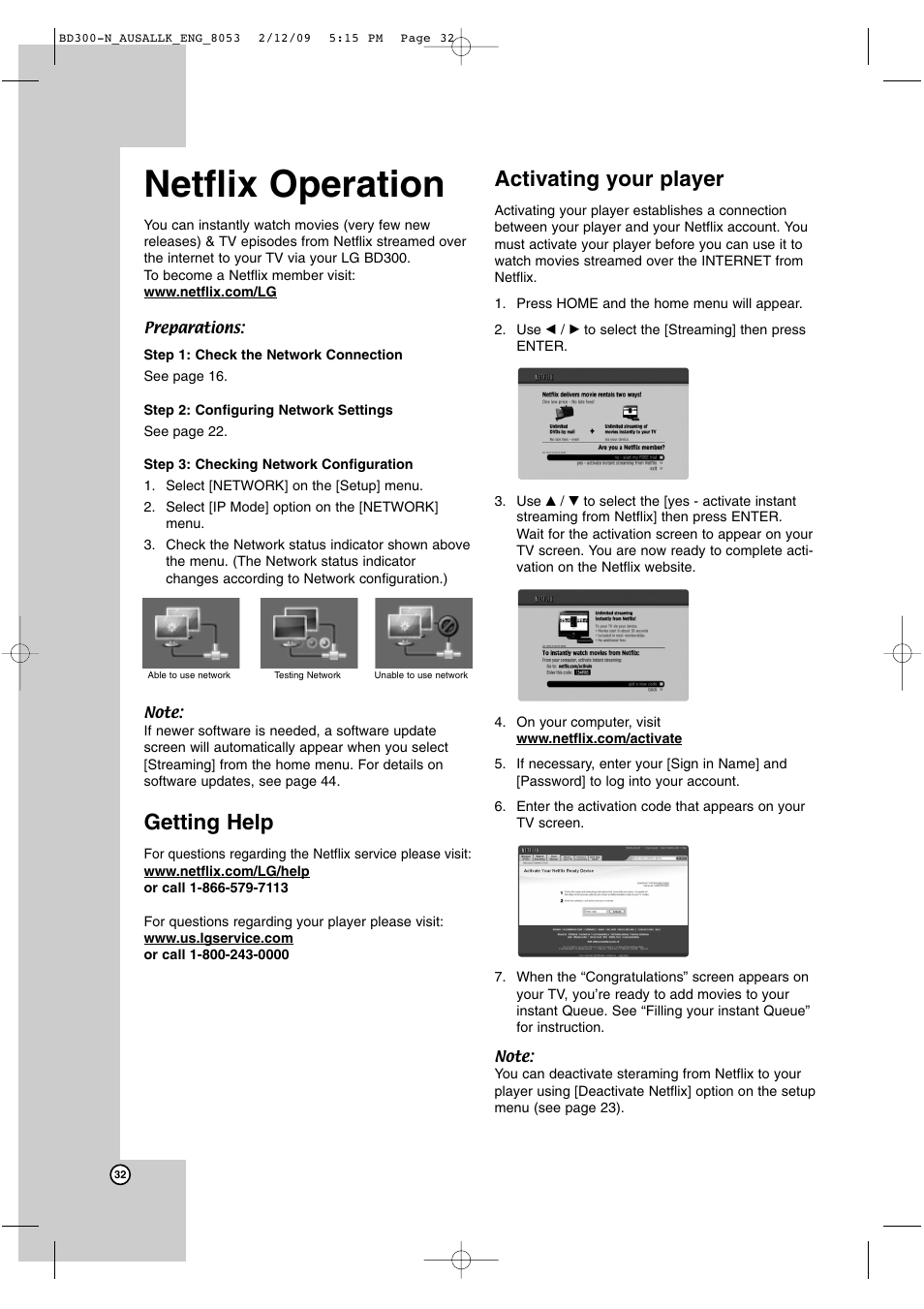 Netflix operation, Getting help, Activating your player | LG BD300 User Manual | Page 32 / 48