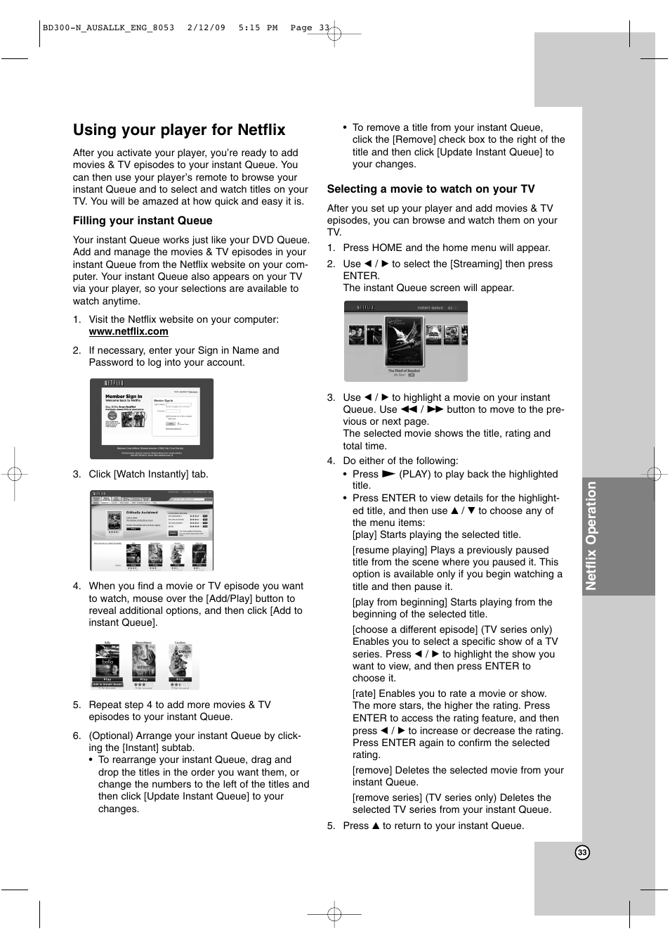 Using your player for netflix, Netflix operation | LG BD300 User Manual | Page 33 / 48