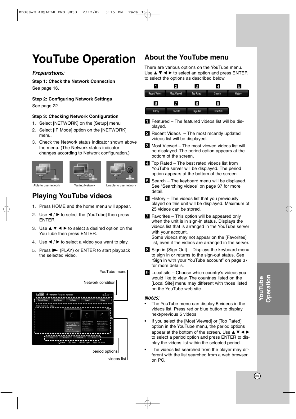 Youtube operation, Playing youtube videos, About the youtube menu | Yo ut ube operation | LG BD300 User Manual | Page 35 / 48