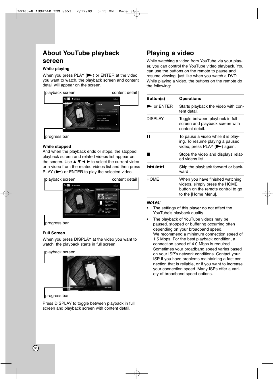 About youtube playback screen, Playing a video | LG BD300 User Manual | Page 36 / 48