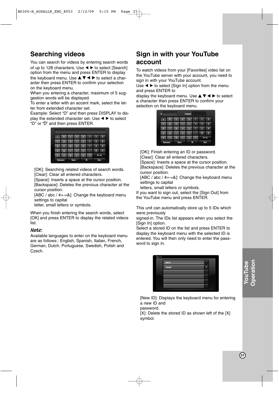 Searching videos, Sign in with your youtube account, Yo ut ube operation | LG BD300 User Manual | Page 37 / 48