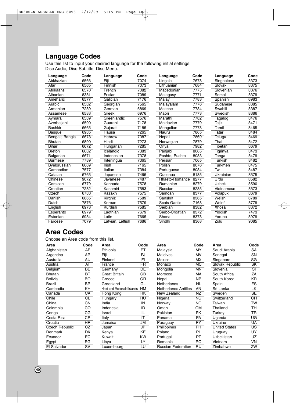 Area codes, Language codes | LG BD300 User Manual | Page 40 / 48