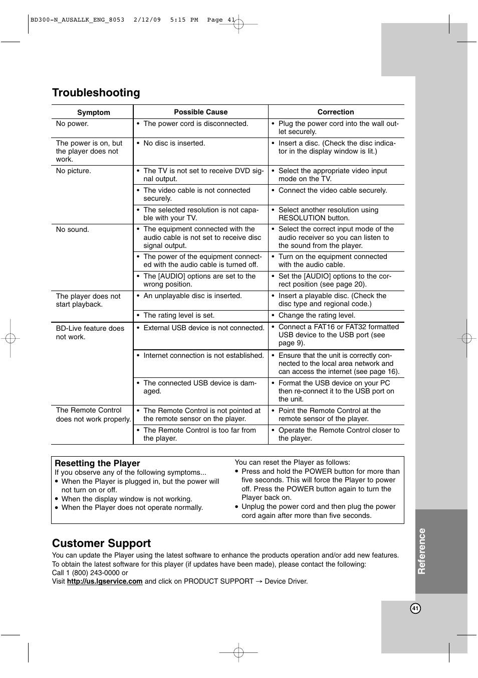 Troubleshooting customer support, Reference | LG BD300 User Manual | Page 41 / 48