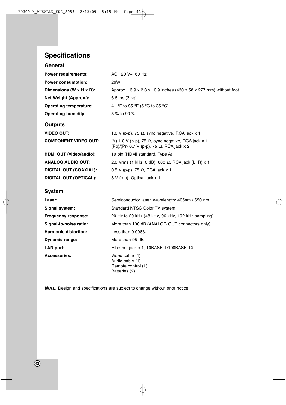 Specifications | LG BD300 User Manual | Page 42 / 48