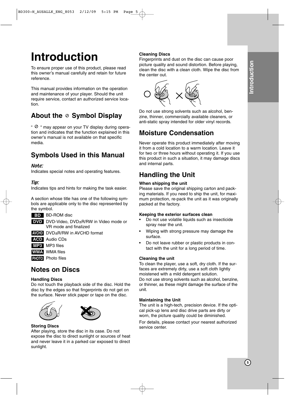 Introduction, About the symbol display, Symbols used in this manual | Moisture condensation, Handling the unit | LG BD300 User Manual | Page 5 / 48
