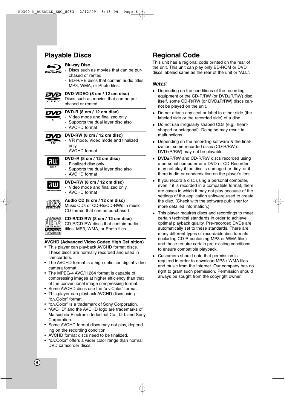 Playable discs, Regional code | LG BD300 User Manual | Page 6 / 48