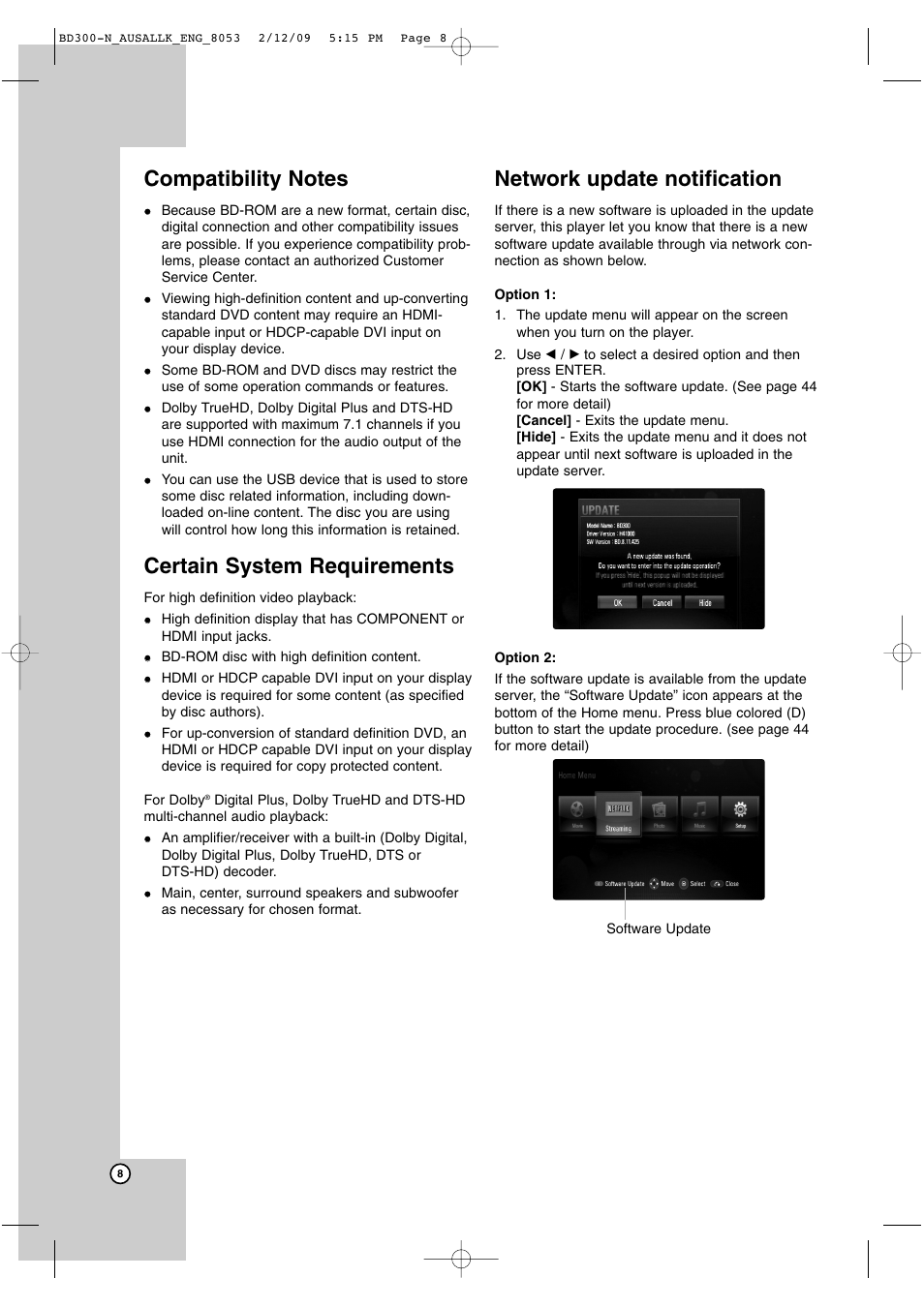 Certain system requirements, Network update notification | LG BD300 User Manual | Page 8 / 48