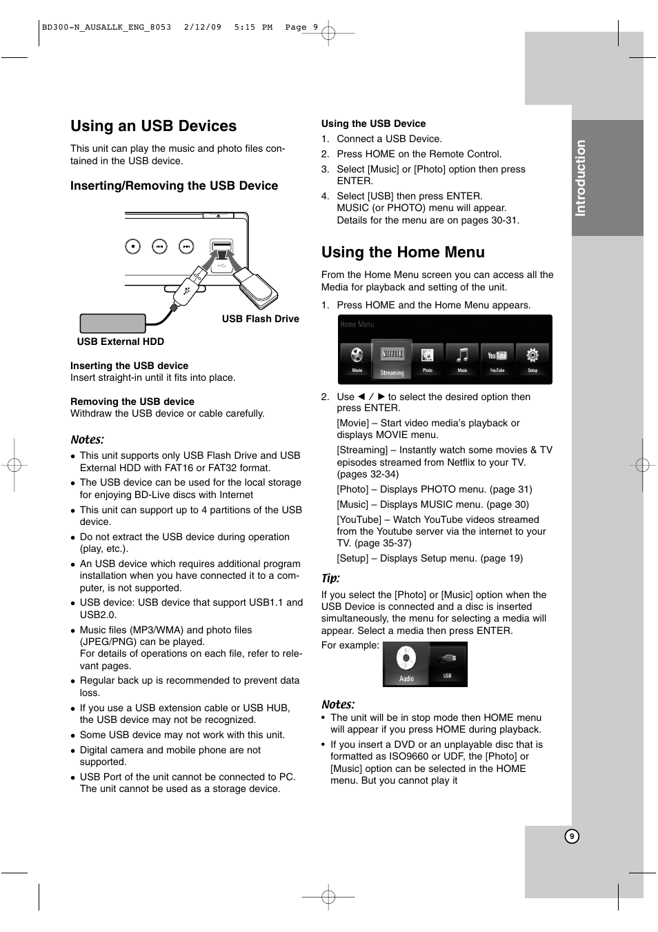 Using an usb devices, Using the home menu, Introduction | LG BD300 User Manual | Page 9 / 48