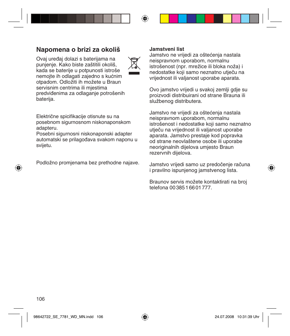 Napomena o brizi za okoli | Braun 7781 WD Silk-épil Xpressive User Manual | Page 106 / 112